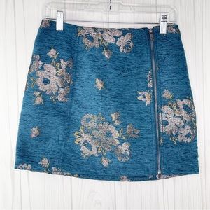 Free People Mini Skirt Jacquard Floral Blue Metallic Movin On Embroidered Size 2